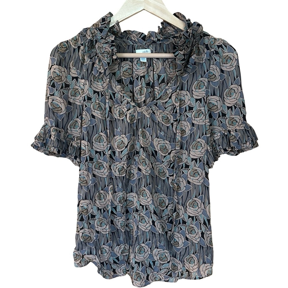 Anthropologie Odille Floral Short Sleeve Ruffle Blouse Sz 4 - Picture 5 of 9